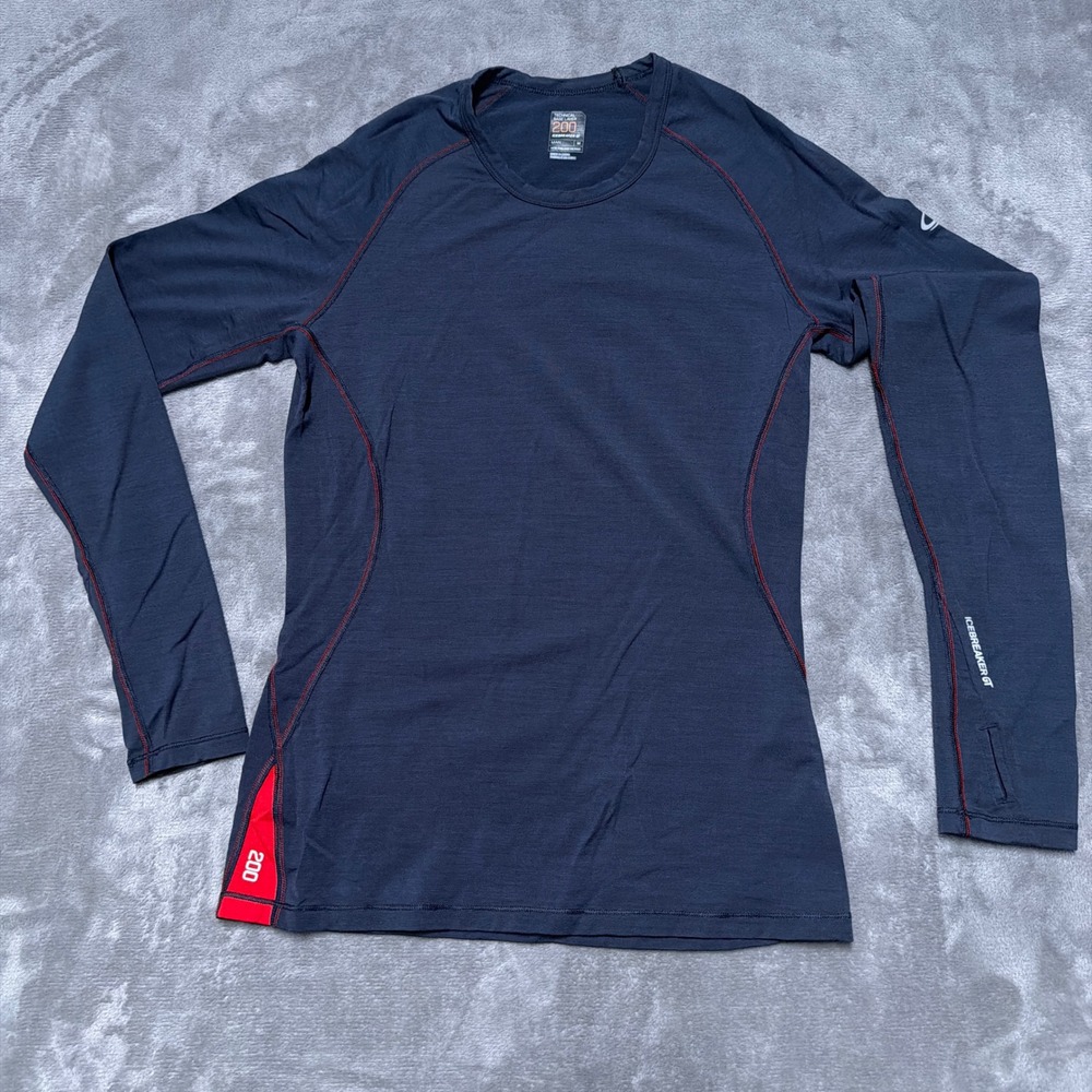 Icebreaker GT 200 Technical Base Layer Mens M Navy Merino Wool Shirt Thumb Hole